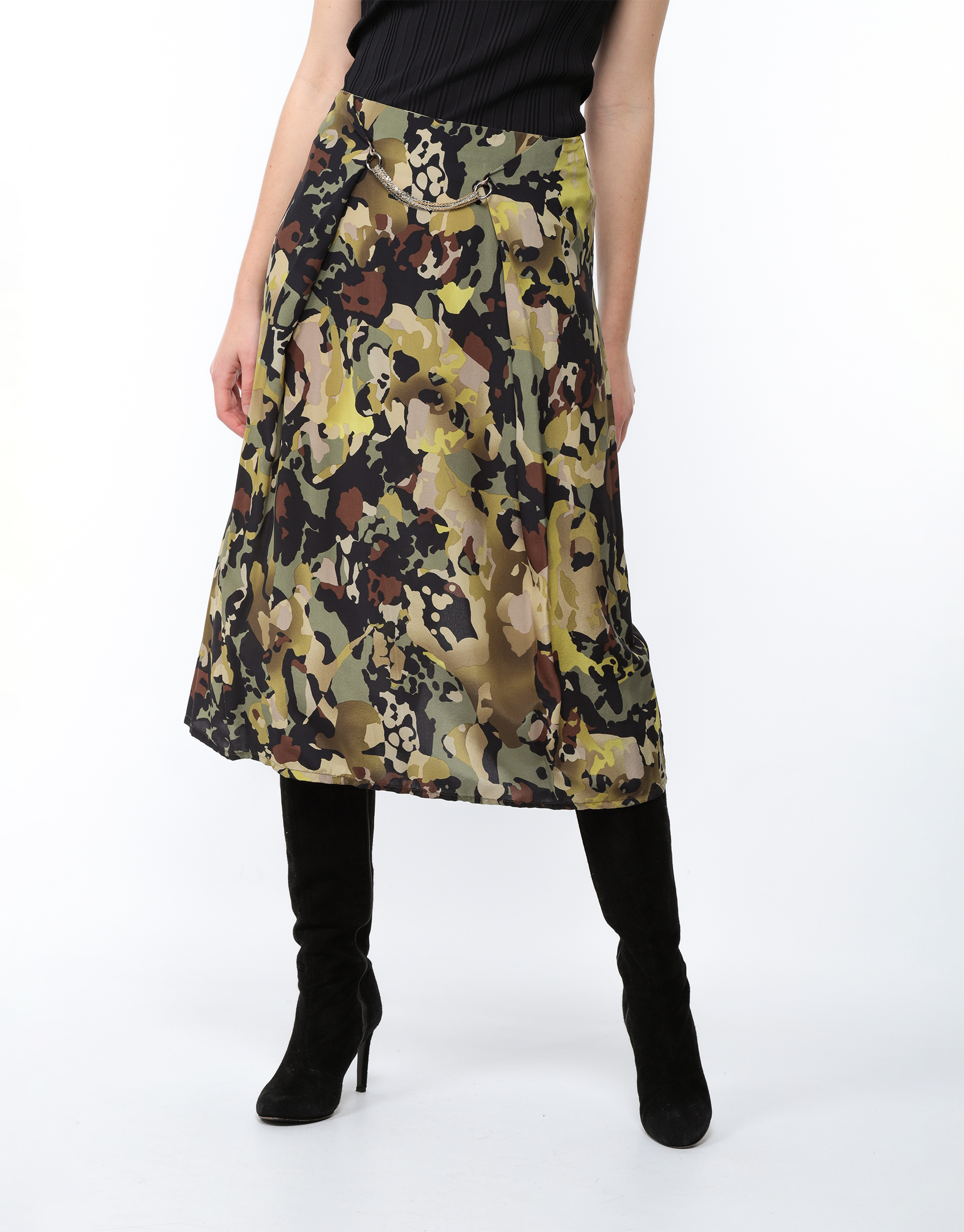 Mid-length skirt fluid detail silk chain printed camouflage